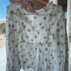 Pinkyotto White Sheer Star Ruffle Blouse with Gold Stars